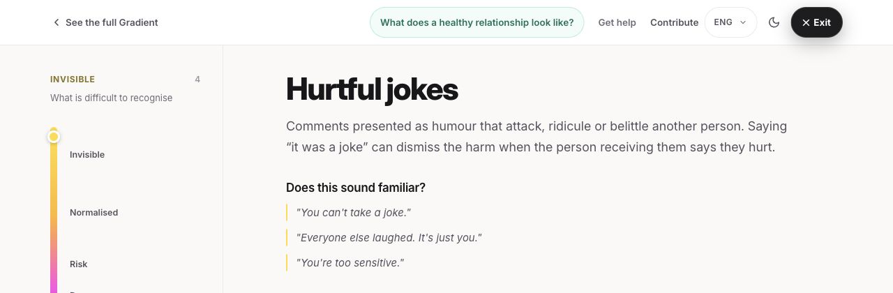 A pattern page connects everyday examples of hurtful jokes with an explanation.