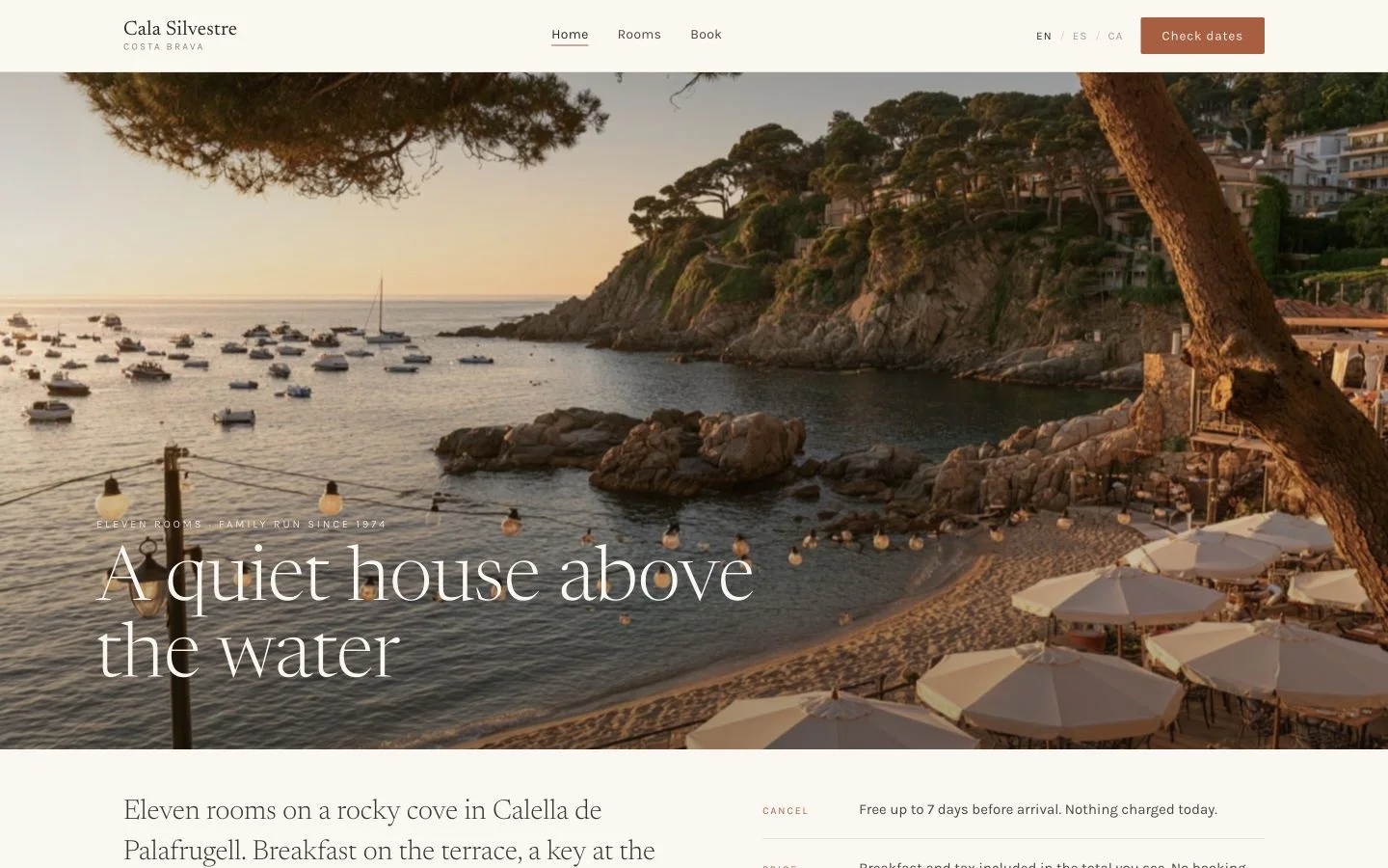 Cala Silvestre’s hotel website, with its coastal photograph and navigation to rooms and dates.