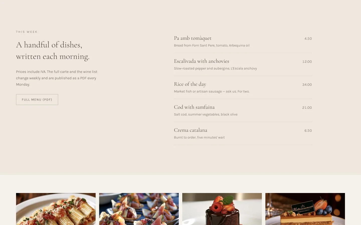 Mediterráneamente’s menu, with dish descriptions and prices.
