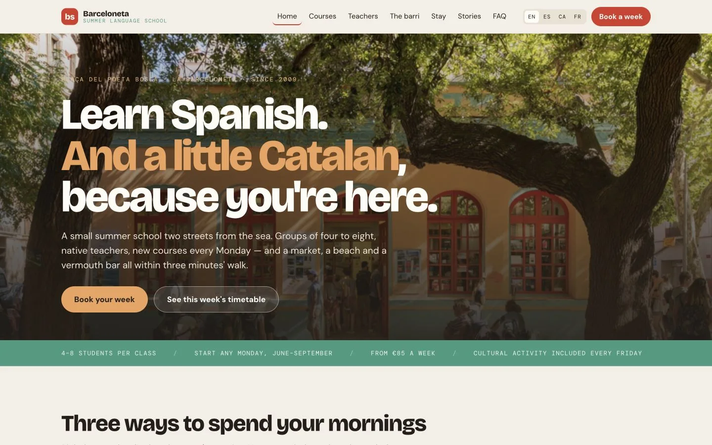 The fictional Barceloneta language-school website, introducing courses near the sea.