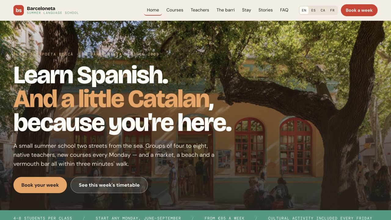 The fictional Barceloneta language-school website.